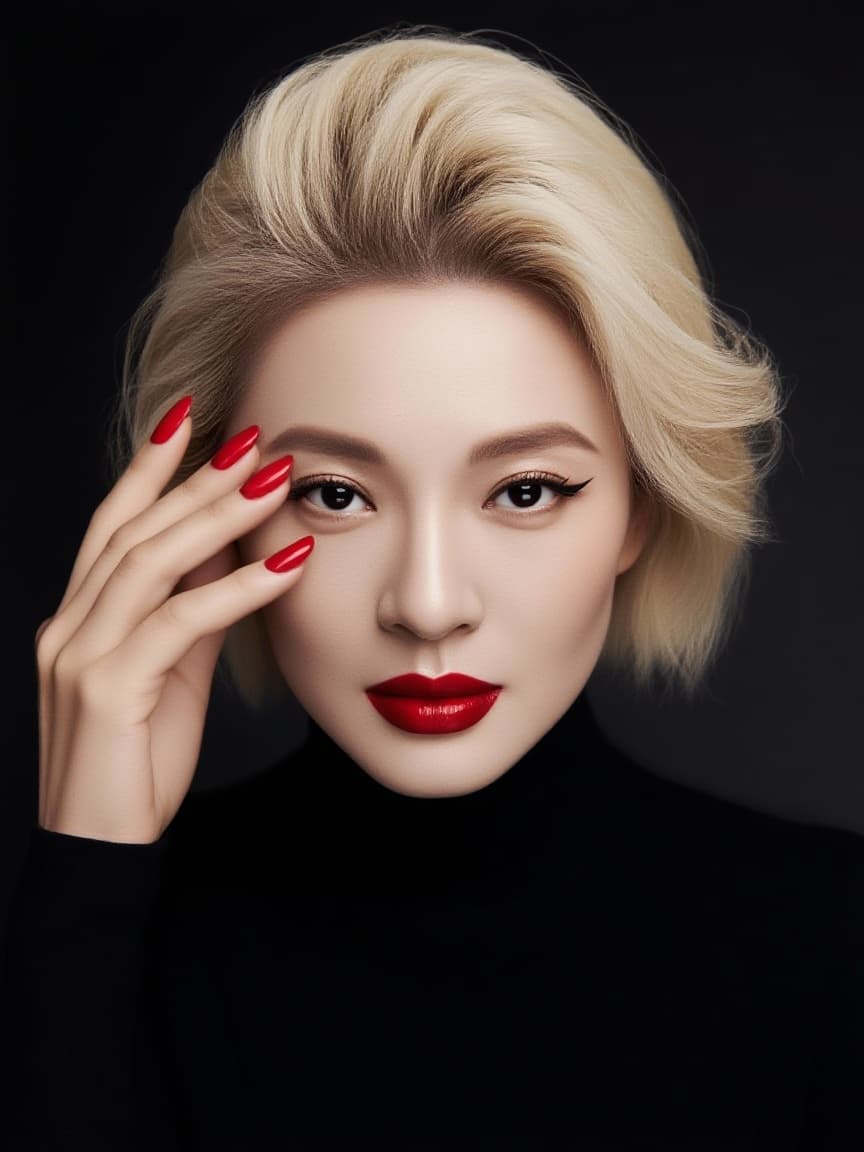 AI generated: A cinematic close-up portrait of a striking woman in a sleek black turtleneck, her face softly illum...