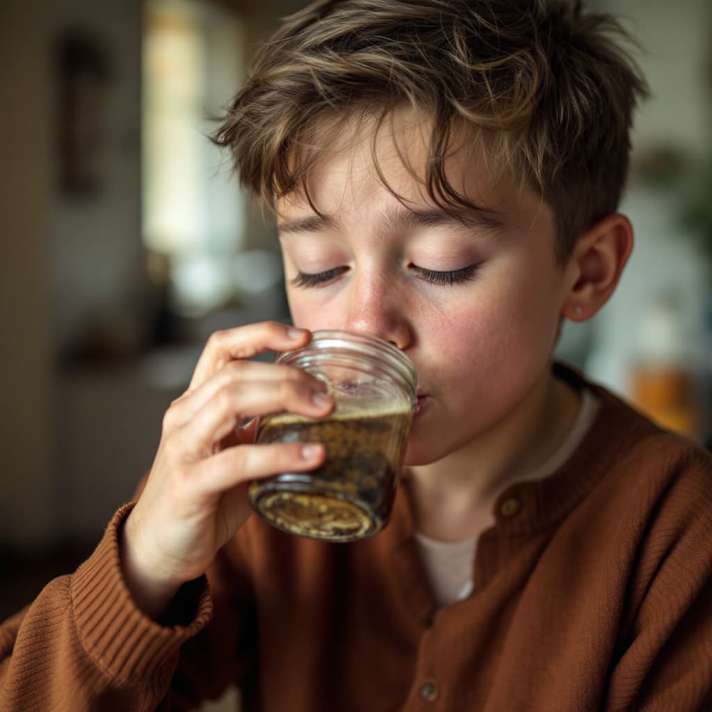AI generated: A person with down syndrome sniffing a jar.
