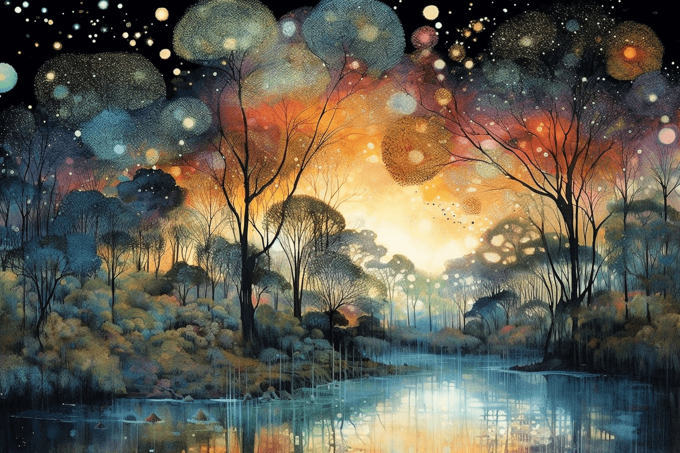 AI generated: A night painting of an abstract ethereal semi - transparent irridecent tropical paradise at night in...