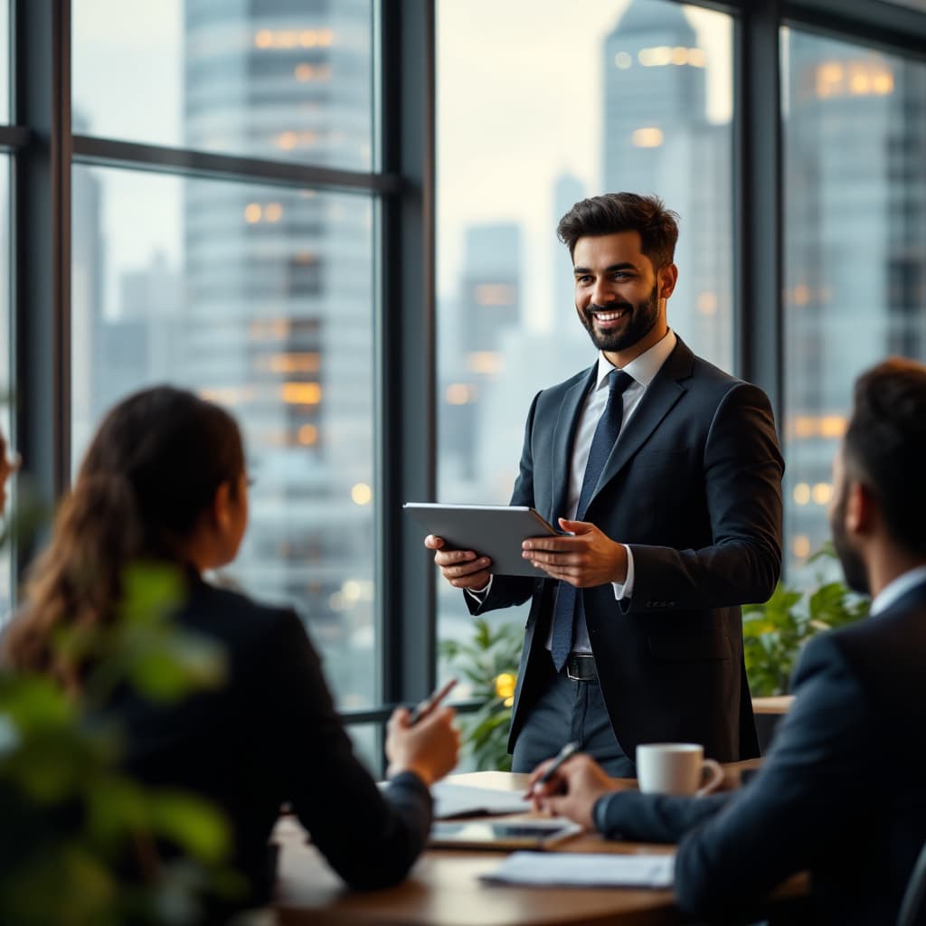 AI generated: Create a professional and dynamic image showcasing a confident indian sales executive in a modern co...