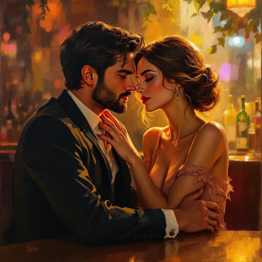 AI generated: a painting of a man and womanin the bar
, in the style of brushstroke-intensive portraits, cinematic...