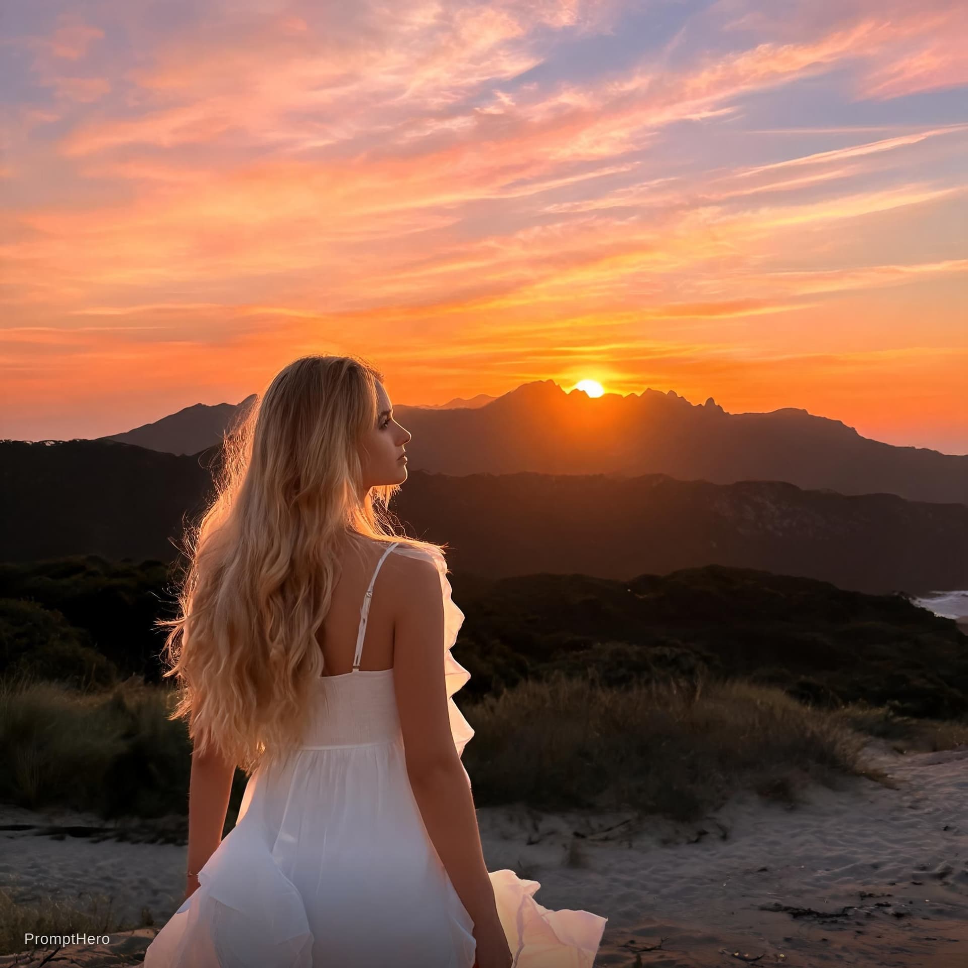 AI generated: a sunset over the mountain and in front a topless bikini topless lady 24 years old blonde
