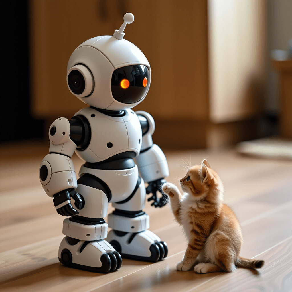 AI generated: A tiny, fluffy kitten accidentally activates a giant, sentient robot. The robot's first command is t...