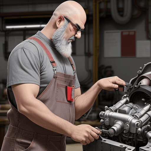AI generated: man with a black beard and shaved hair wearing an red and gray overall in a workshop inspecting an e...