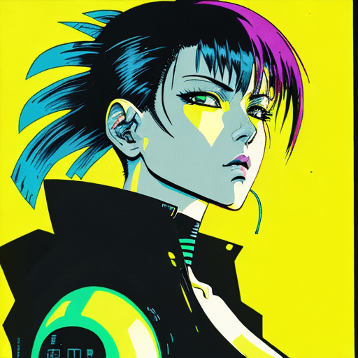 AI generated: early techno rave music inspired by ghost in the shell, 90s manga aesthetic, expressive face, yellow...