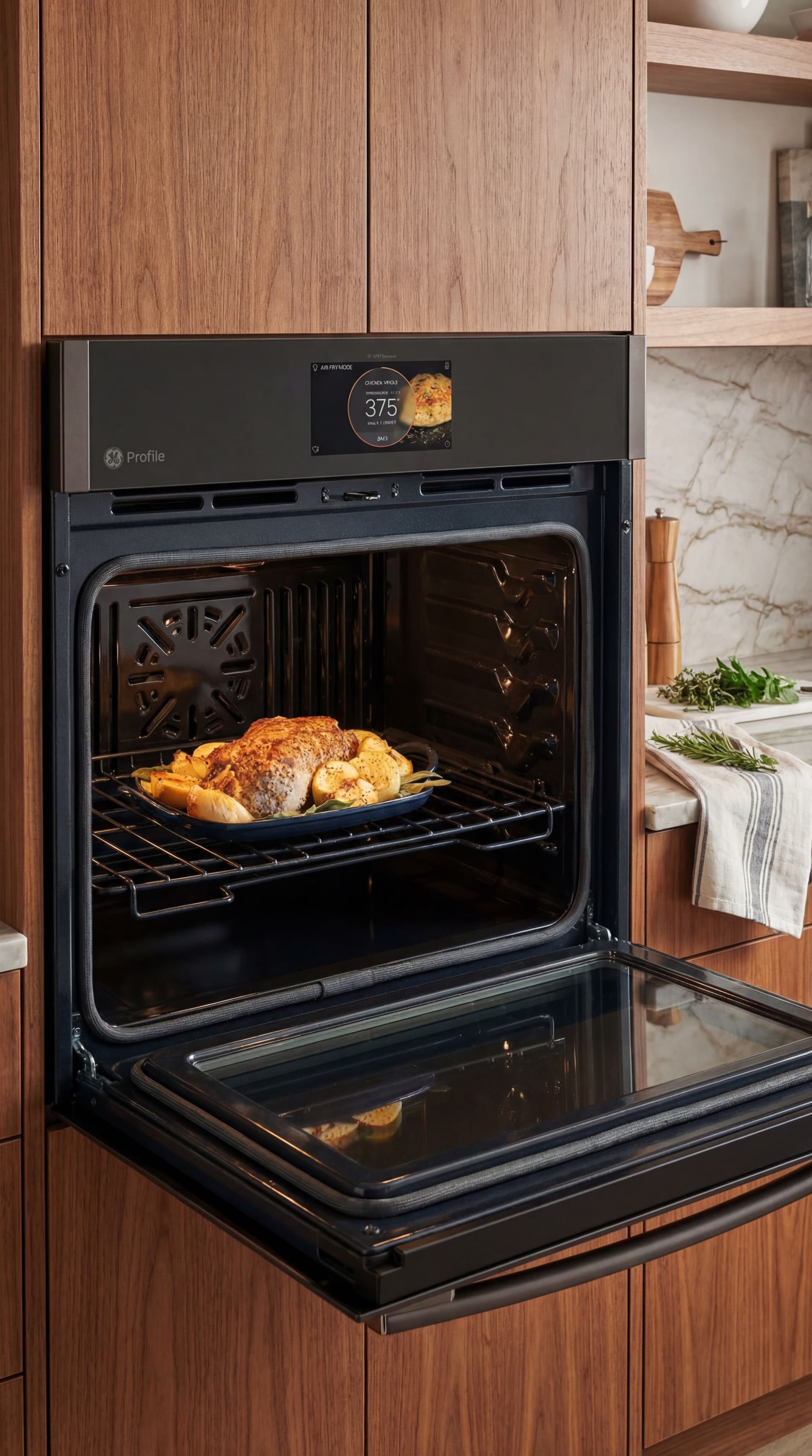 AI generated: Make lifestyle photo make it into lifestyle photo show inside stove it uses air fry mode.