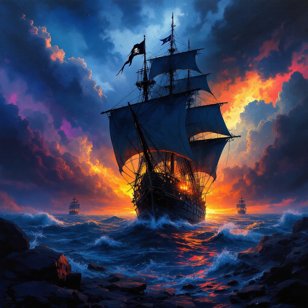 AI generated: pirate ship, dark and stormy, scene, painting, background, vibrant colorscape, hyper detailed illust...