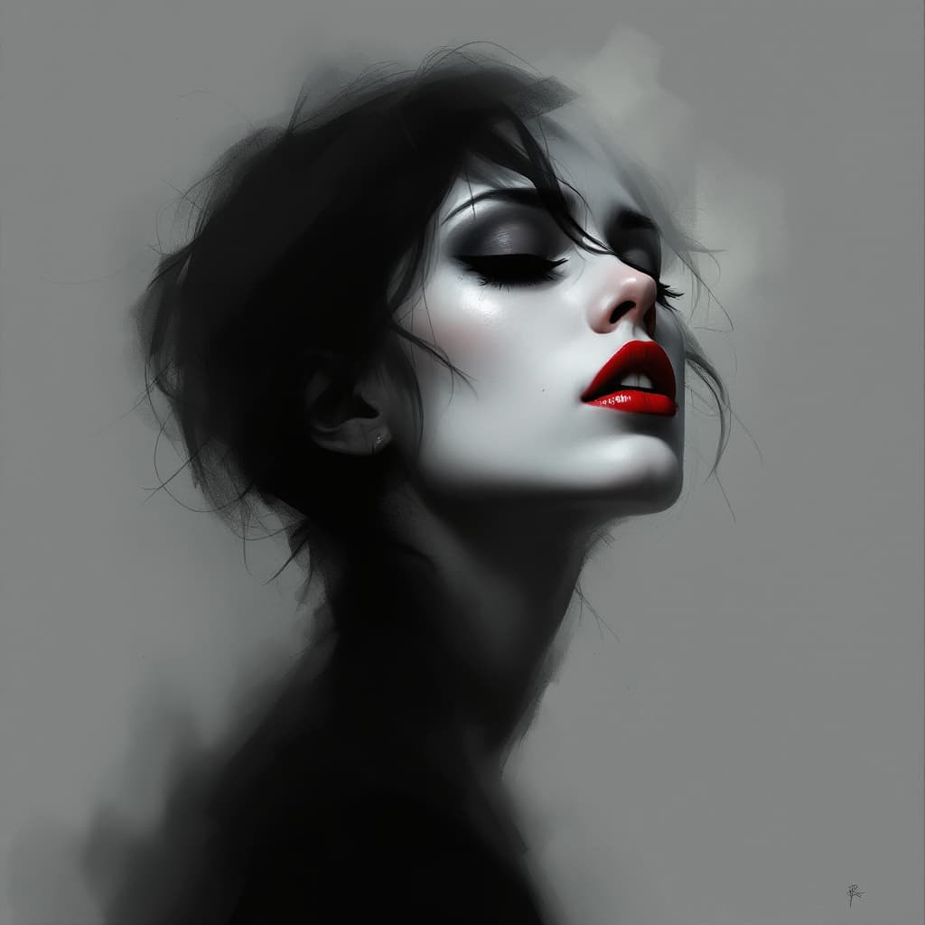 AI generated:  A digitally painted portrait of a woman with a pale face, closed eyes, and vibrant red lips. She ha...