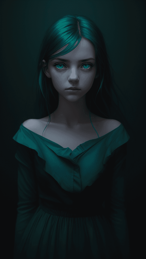 AI generated: a girl's portrait with green eyes, in the style of alessio albi, peter sculthorpe, dark teal and lig...