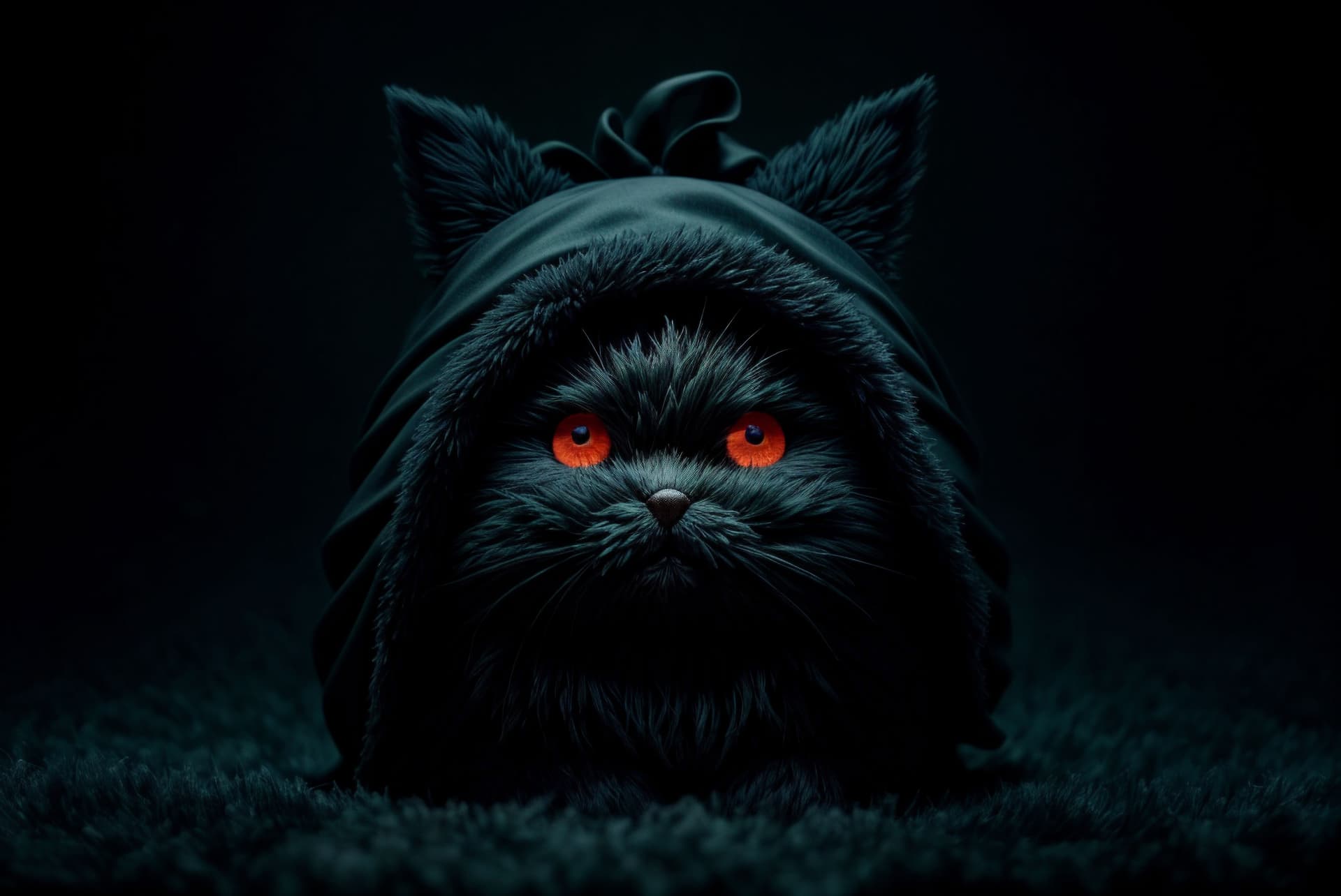 AI generated: play-doh style 3d fluffy dark creature with a black hood, facing the camera, eye glow, mystical, unk...