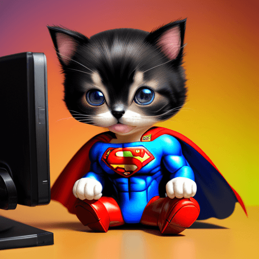 AI generated: Puppy cat with costum superman elegant computer geek, chibi and real style, masterpiece, realistic p...