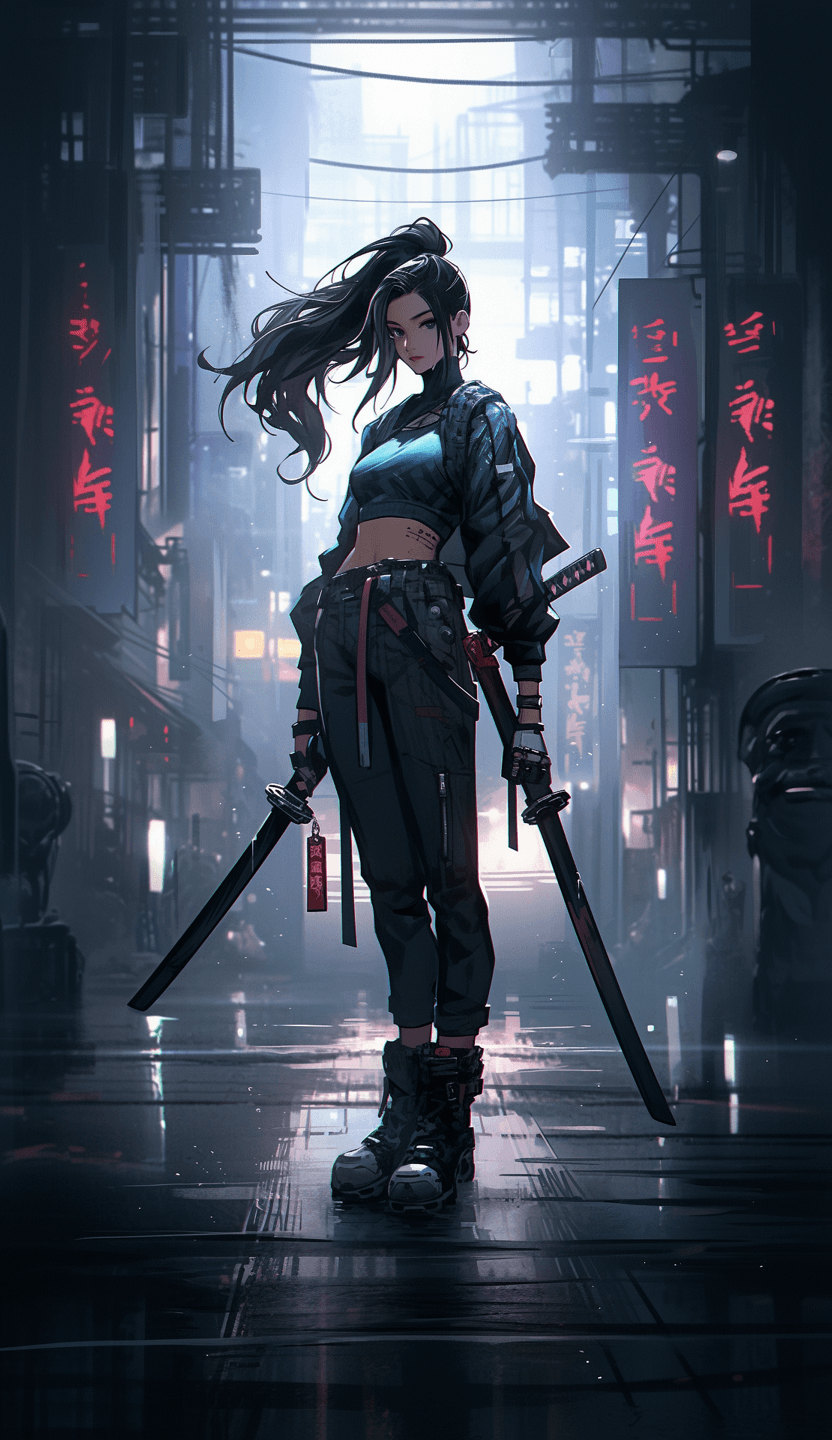 AI generated: 
A slender athletic girl with long legs, very high-heeled shoes, in her hand a long samurai katana ...