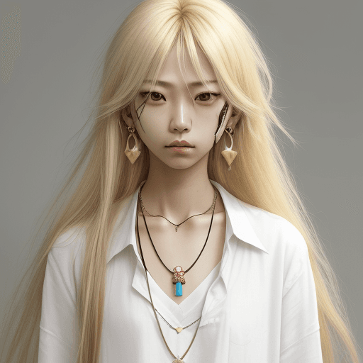 AI generated: Niji Kei, long hair, looking at viewer, shirt, 1girl, genderless, hair between eyes, jewellery, clos...