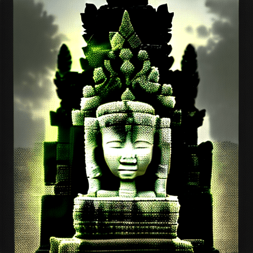 AI generated: The image shows a stone carving on the side of a building in Angkor Thom, Cambodia. The carving is i...