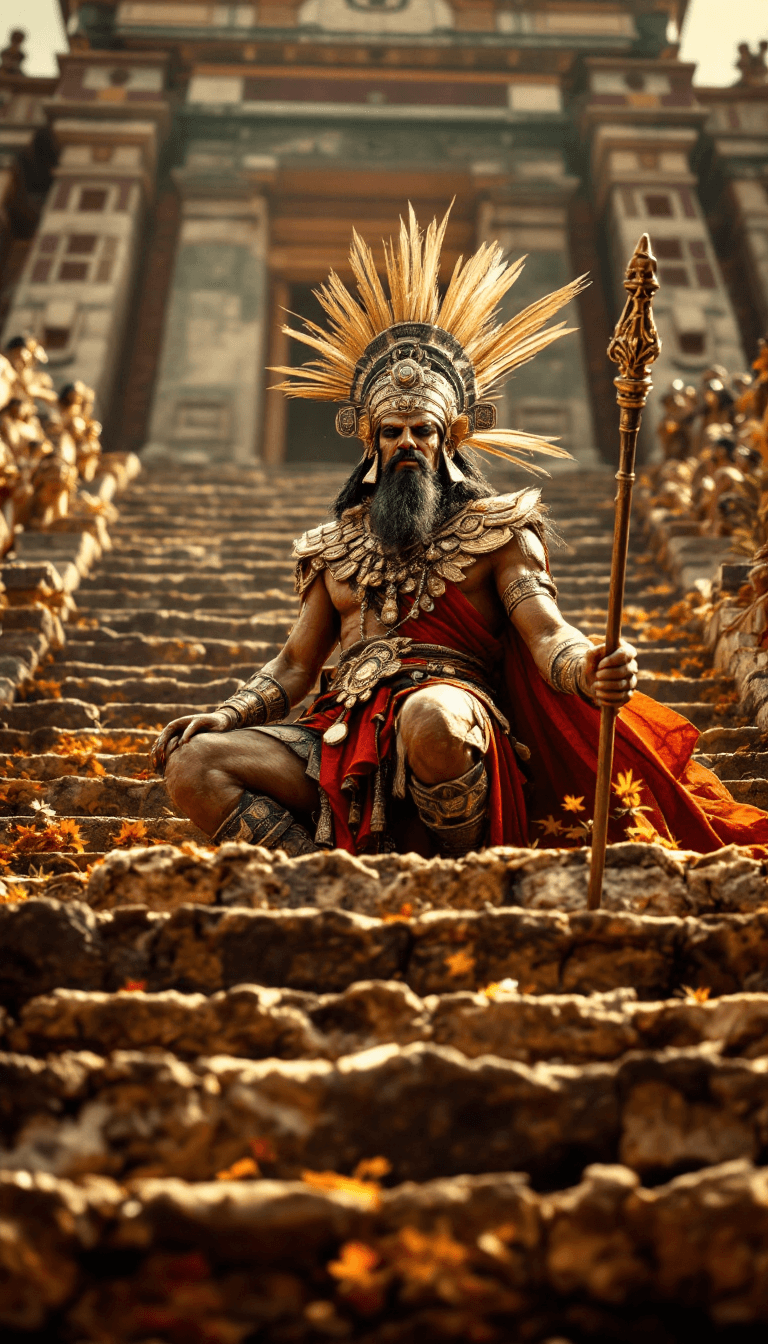 AI generated: Cinematic shot of a history movie, Aztec priest, temple steps, pre-Columbian Mexico, high noon, Azte...