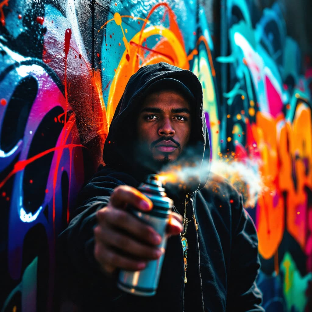 AI generated: Hip Hop Aerosol Art, Spray Paint, Dynamische Formen, Urban, Portrait eines Hip-Hop-Künstlers in Akti...