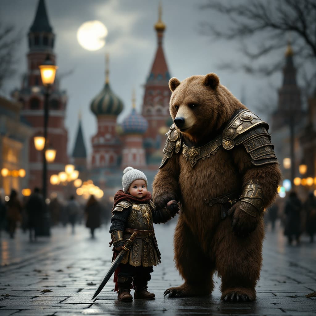 AI generated: A cute baby(1.3) standing on the street, baby dressed in armor with russia ornaments, braun bear wit...