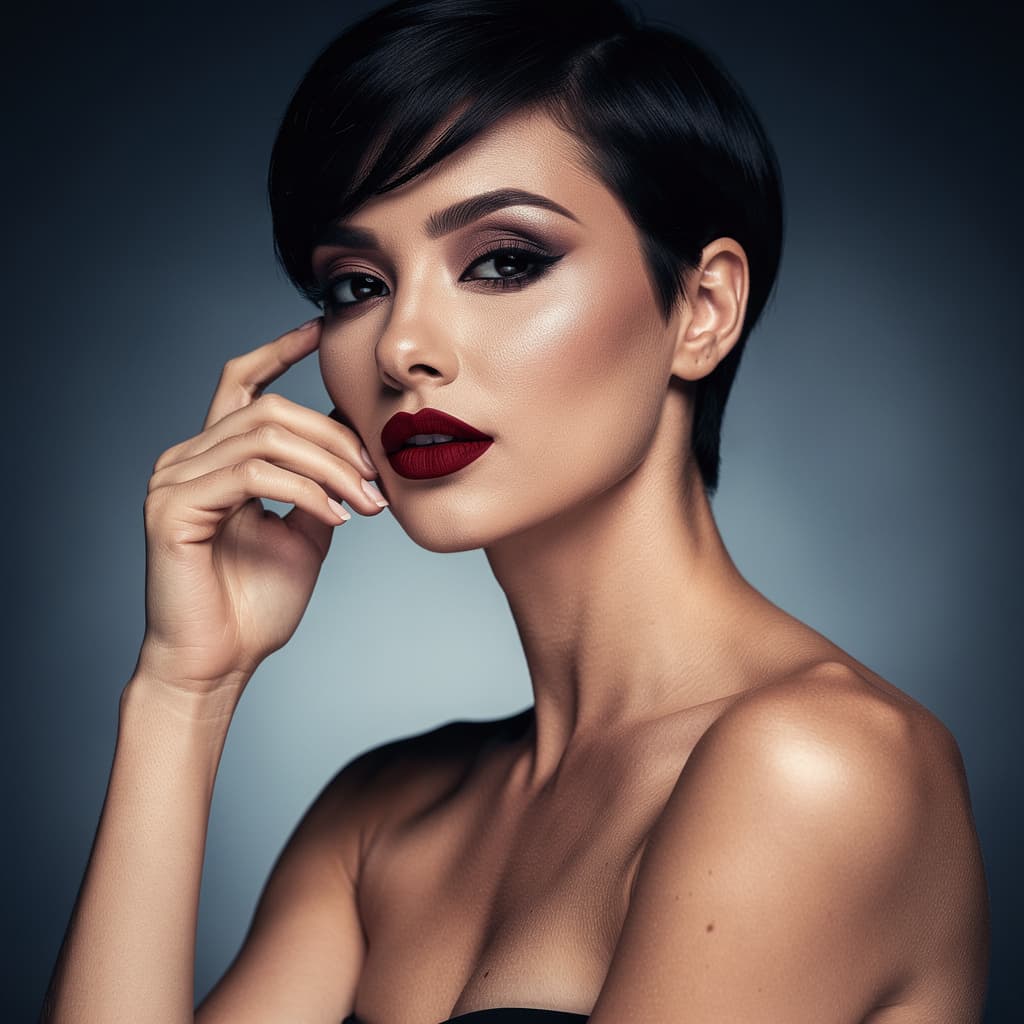AI generated: Create a highly detailed, photorealistic portrait of a woman with short black hair and dramatic make...