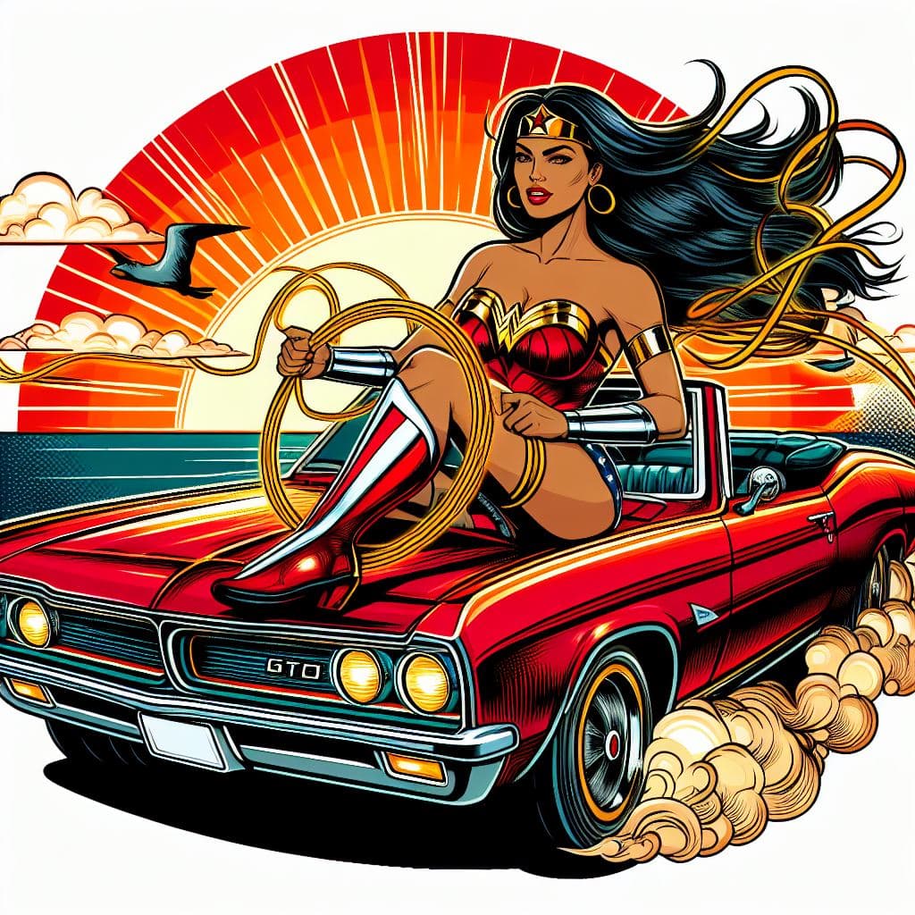 AI generated: wonderwoman in a pontiac gto with her top down