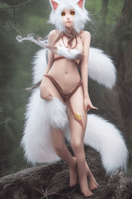 AI generated: fluffy nine-tailed fox girl by Wlop and Guweiz, Hyper-realistic, photography, real, professional, 8k...