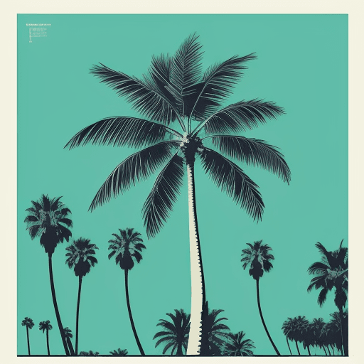AI generated: A variation of a palm tree depicted in a classic screen-print (silkscreen) style, featuring bold, cl...