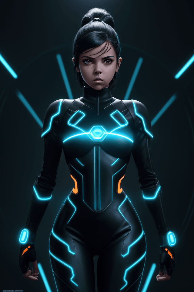 AI generated: A female android, ((Isabela Moner Merced)), in sleek and shiny armor, with illuminating elements, no...