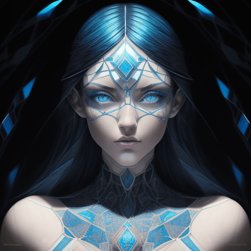 AI generated: the girl has blue eyes, and a lot of mosaic tiles, detailed, intricate, full color, beautiful, cinem...