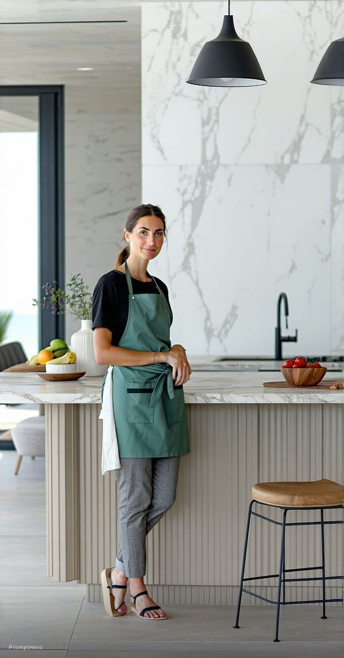 AI generated: A woman in a modern kitchen wearing only a sexy apron and sexy flat sandals