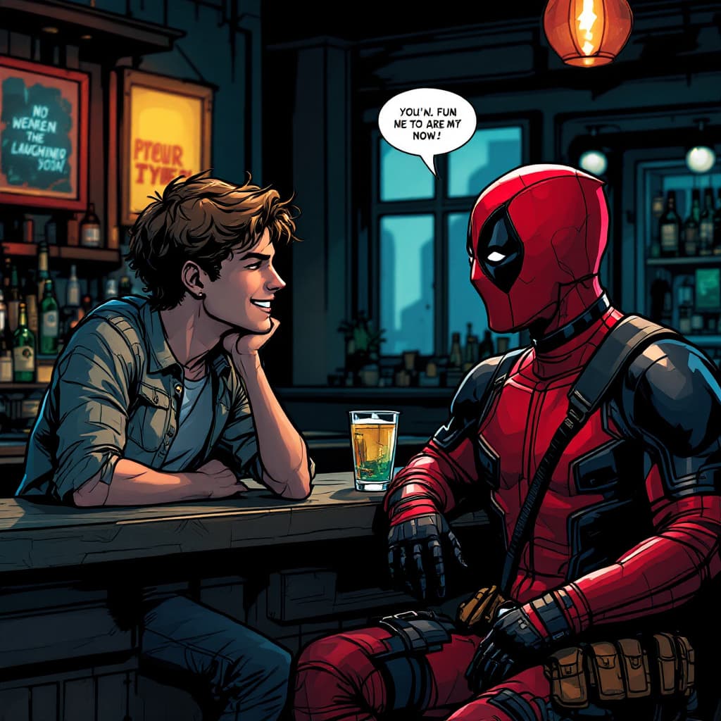 AI generated: A young guy and Deadpool at a bar. Deadpool makes fun of the guy, but he is somewhat unaffected by i...