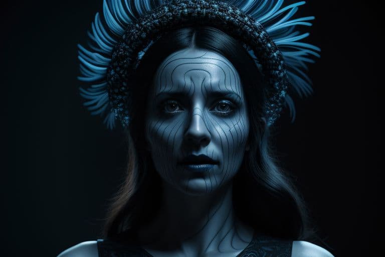 AI generated: the skull is distorted by the twists and turns of a woman with dark hair, in the style of neon impre...