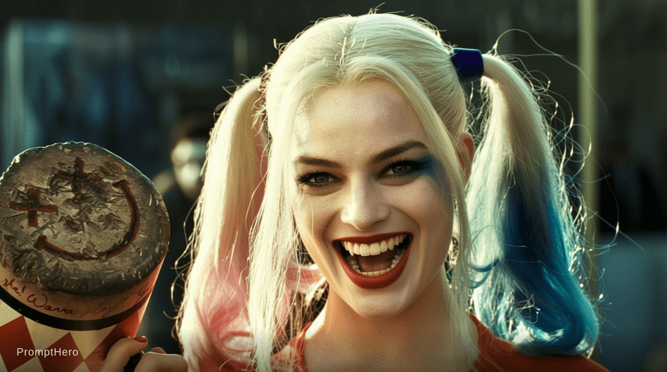 AI generated: Harley Quinn posing with wicked smile