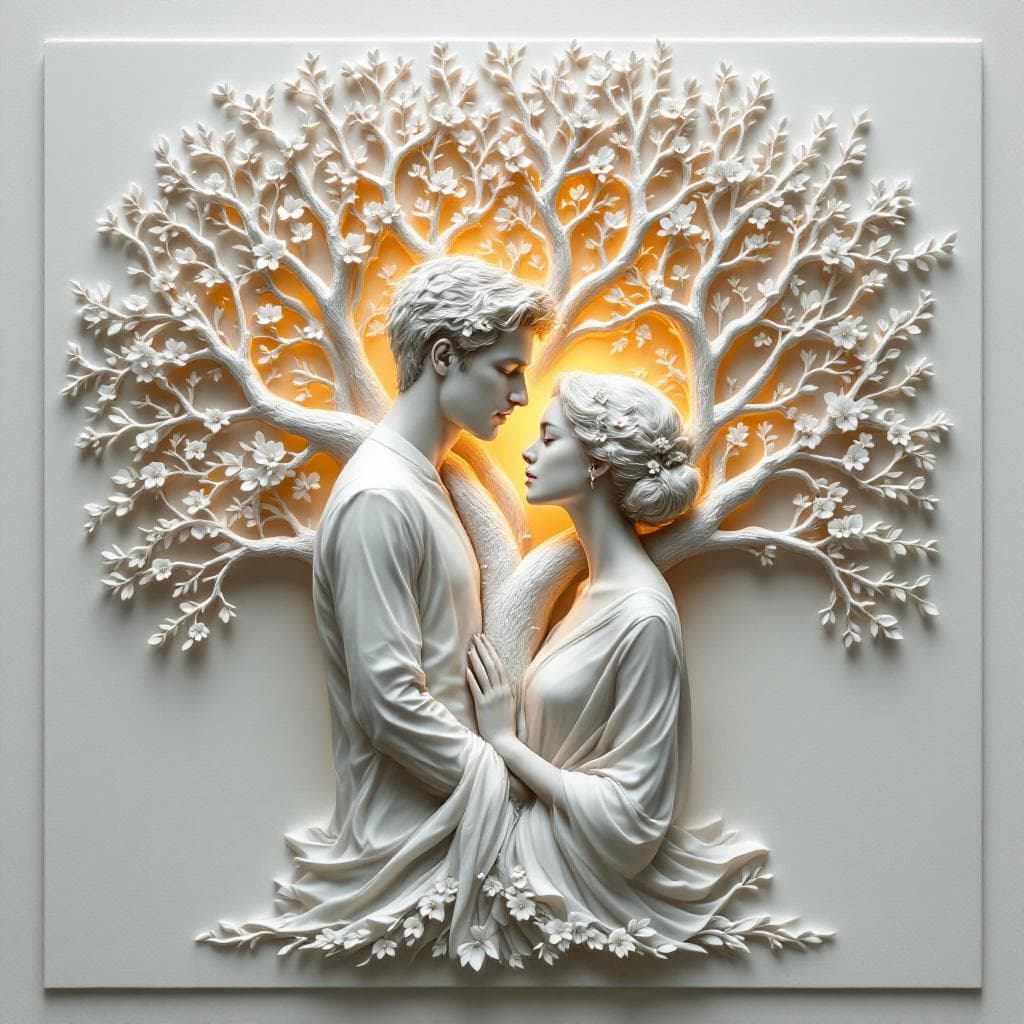 AI generated: Ultra-detailed bas-relief sculpture in white, depicting a couple integrated into a tree. The man and...