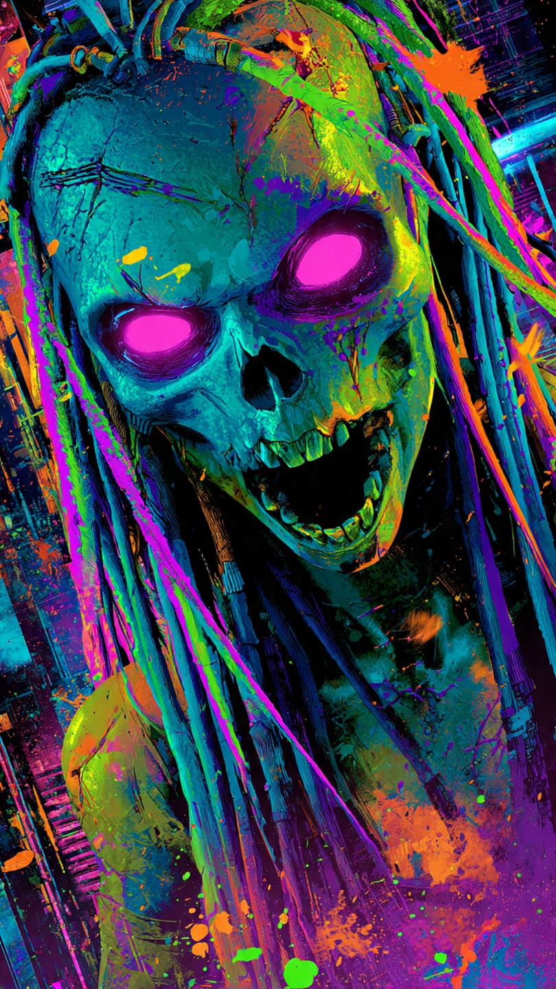 AI generated: A grotesque, digitally enhanced portrait of a female zombie, centrally positioned and facing the vie...