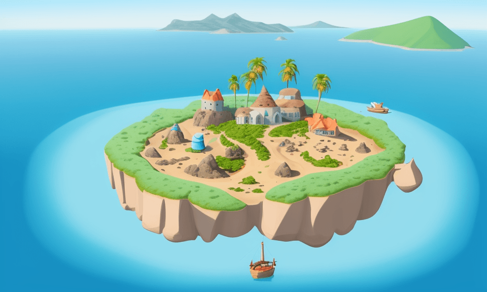 AI generated: bird's eye view of a happy cartoon island with no water on the island. You can see the mainland in t...