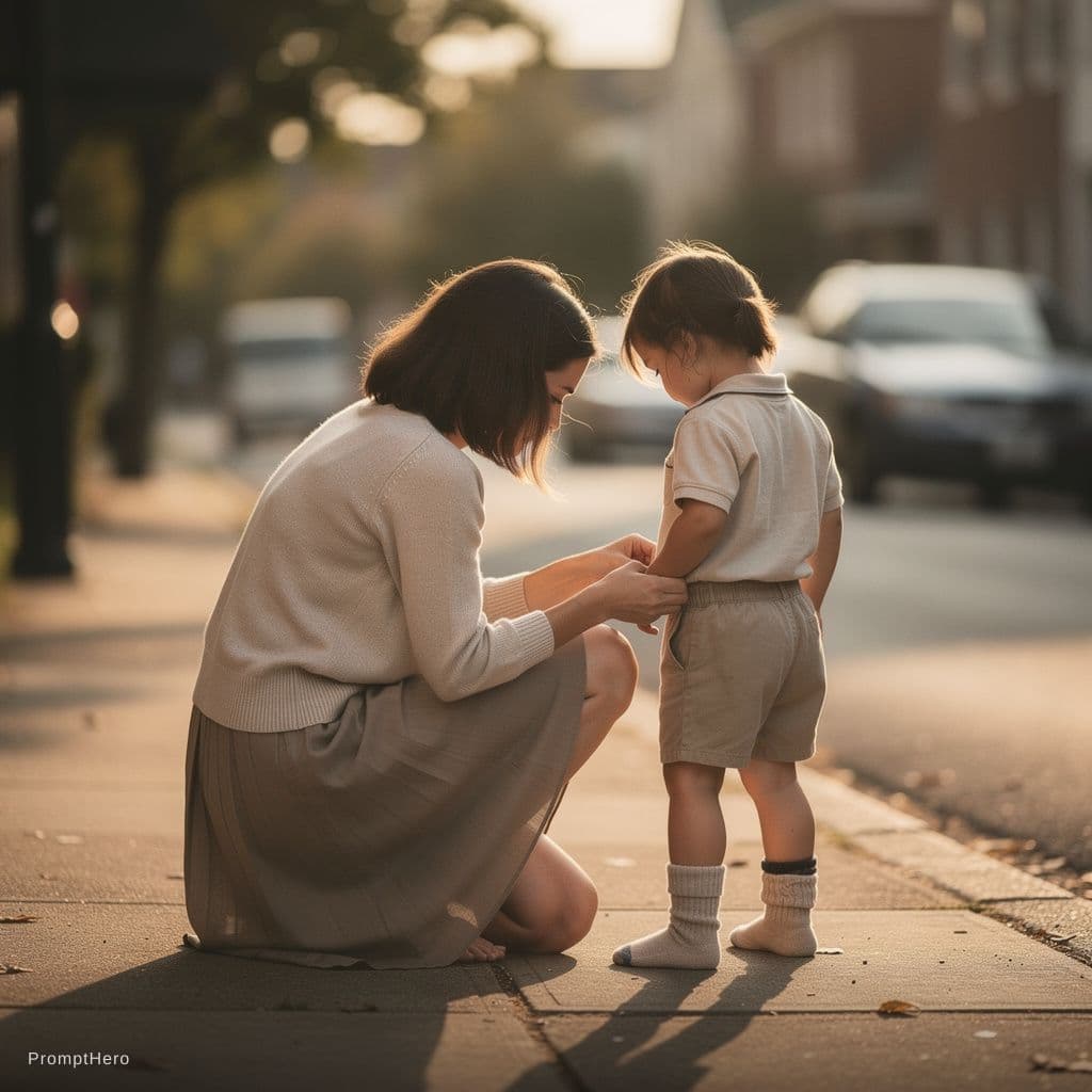 AI generated: A tender nostalgic street scene of a mother kneeling to pull up a child’s fallen sock to align it pr...