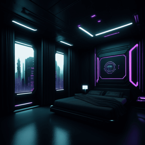 AI generated: Dark classy spaceship bedroom interior. cyberpunk city view