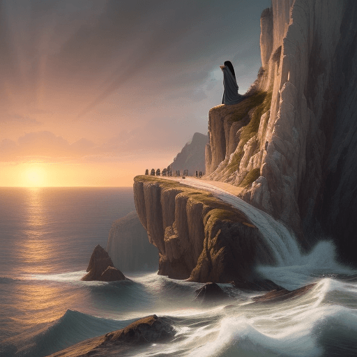AI generated: a stunning matte landscape painting of jesus of nazareth giving a sermon on a cliff, facing away fro...