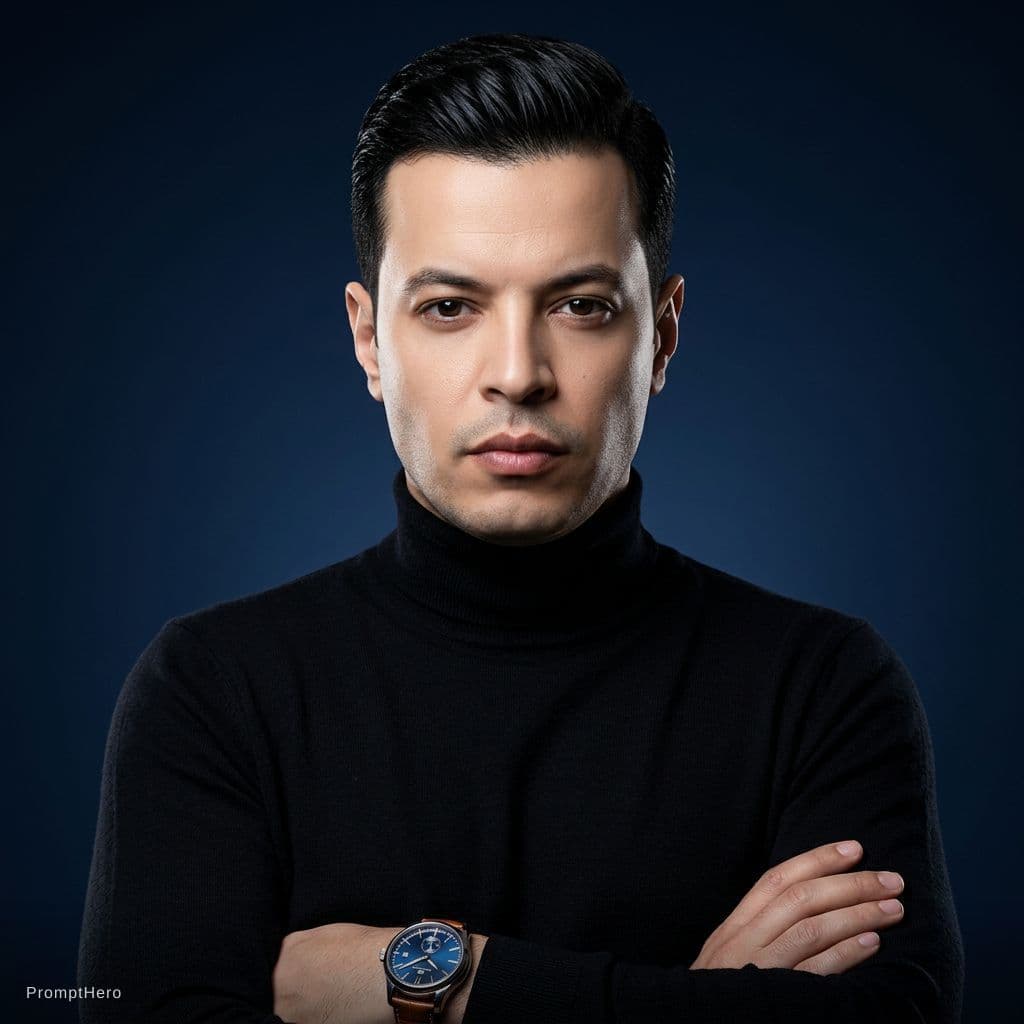 AI generated: A highly stylized portrait of the same man in the reference photo, with sharp facial features, flawl...