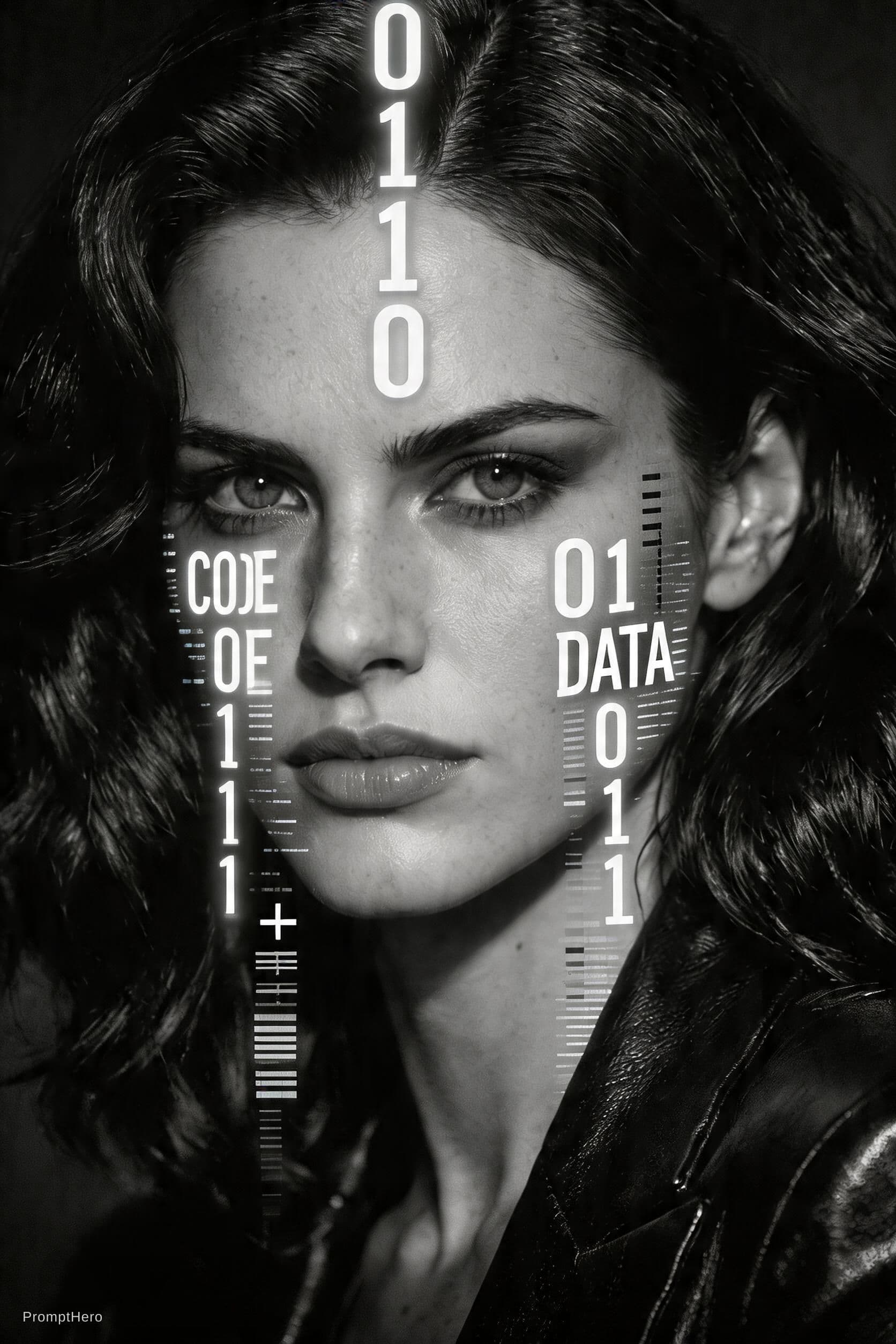 AI generated: Prompt :
A high-contrast, black and white cinematic portrait of a woman’s face emerging from a pitch...