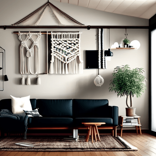 AI generated: A modern living room with nordic furniture. Include macrame wall hangings it is main with neutral co...