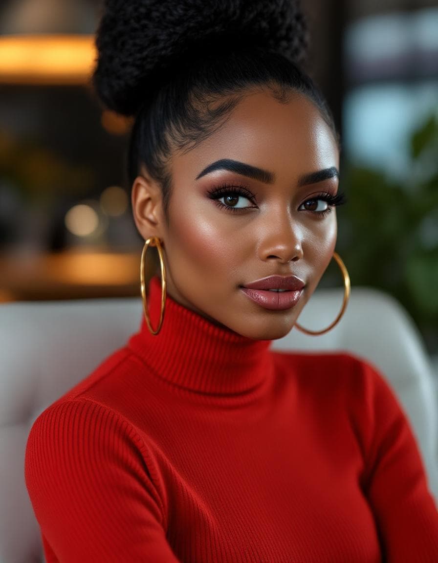 AI generated: Hyper-realistic close up photography of a gorgeous Afro-American receptionist woman, high bun dark h...
