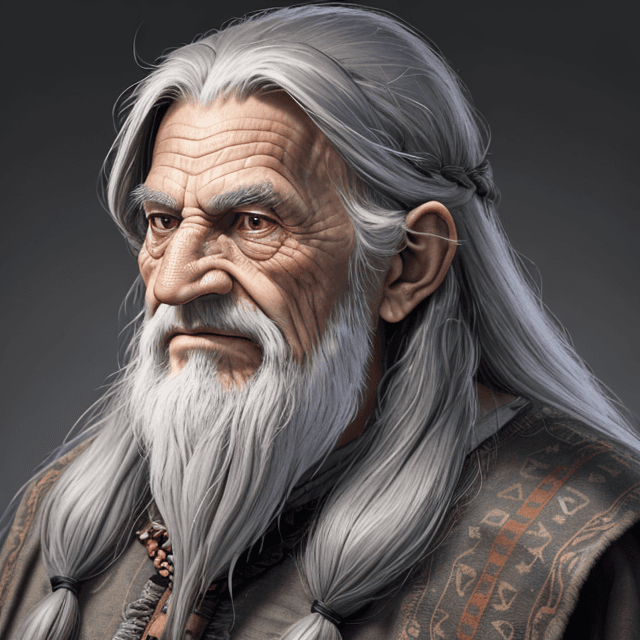 AI generated: frontal view portrait  of a nice and wise old prehistoric man with long gray hair 8k