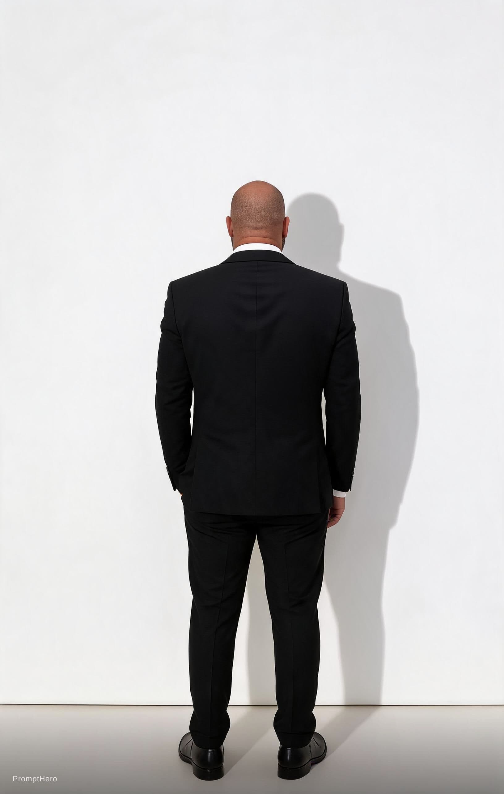 AI generated: a man his back on a white wall and his shadow near his head