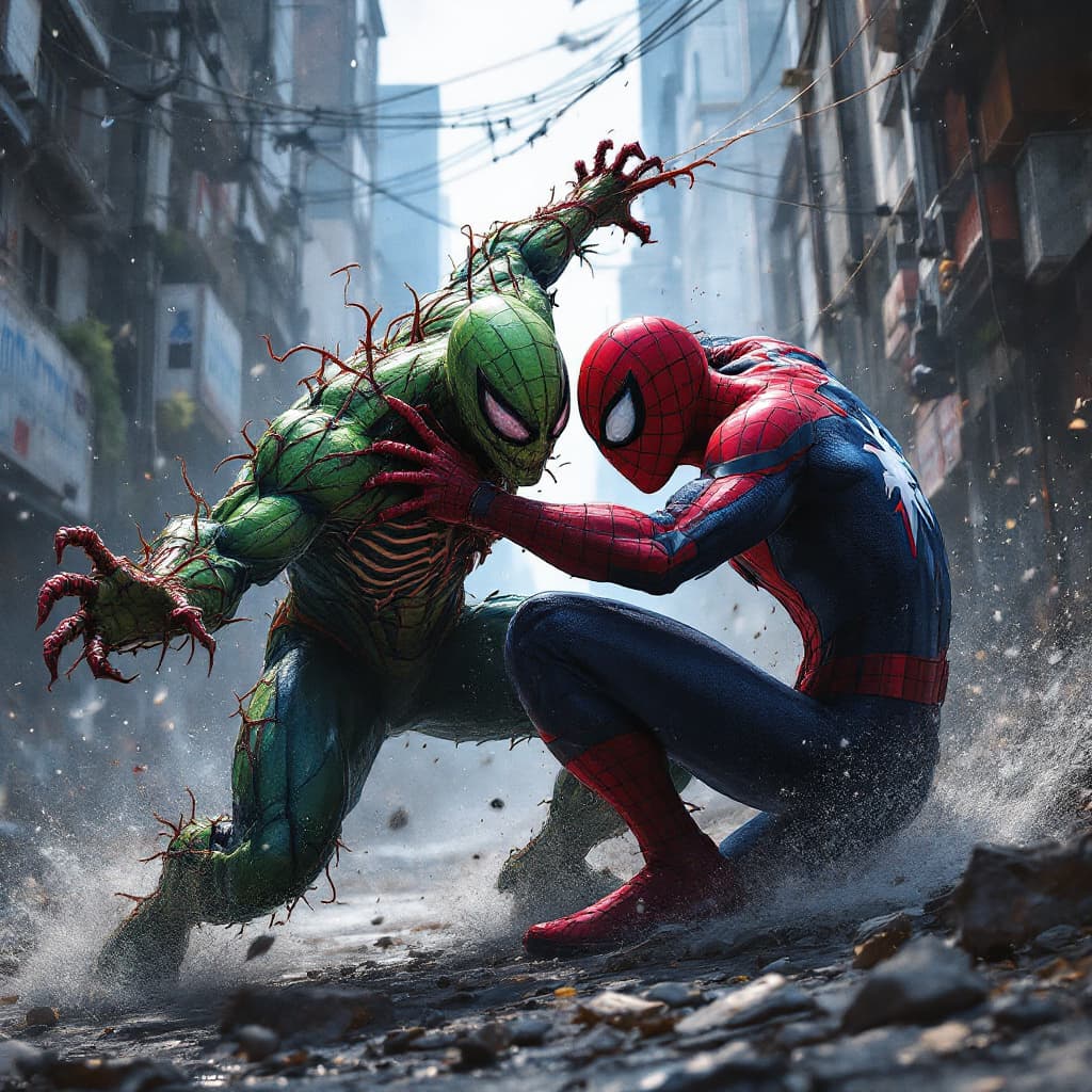 AI generated: spider man fight with green goblin in thailand 
