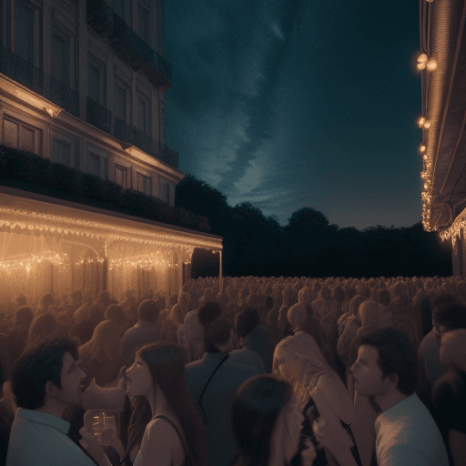 AI generated: Hyper realistic level exterior photo of a person bored on a party , night, a lot of people, big part...