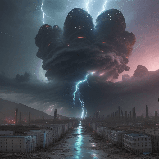 AI generated: Panopticon thunder planet: City in ruins, catching tsunami waves, high-tide, rubble, display as cars...