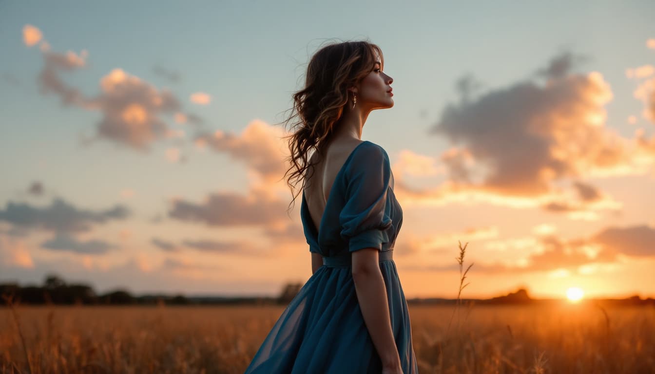 AI generated: Estilo tipo inspirador. Paisaje: campo al atardecer. Una mujer (sin aretes, ni accesorios en las ore...
