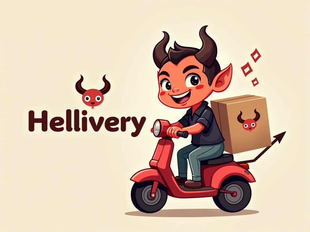 AI generated: Design a cute and playful vector logo for Hellivery, showcasing a small, smiling demon on an electri...