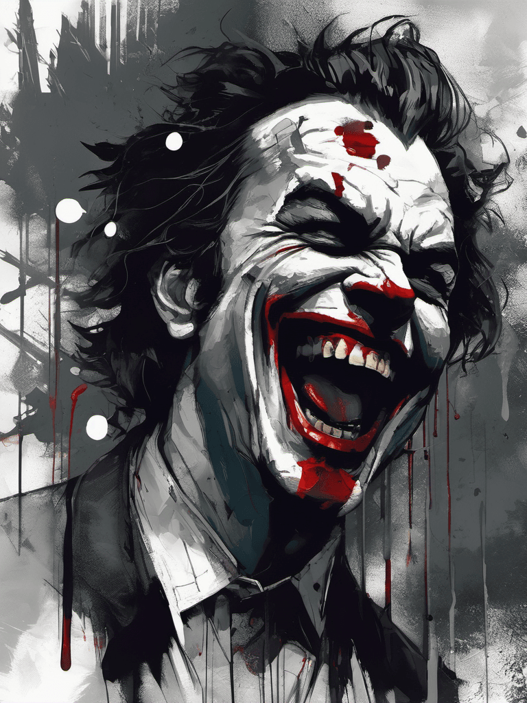 AI generated: portrait of a man laughing as psychopath, joker vibes, broken, brutal composition, psychopathic, blo...