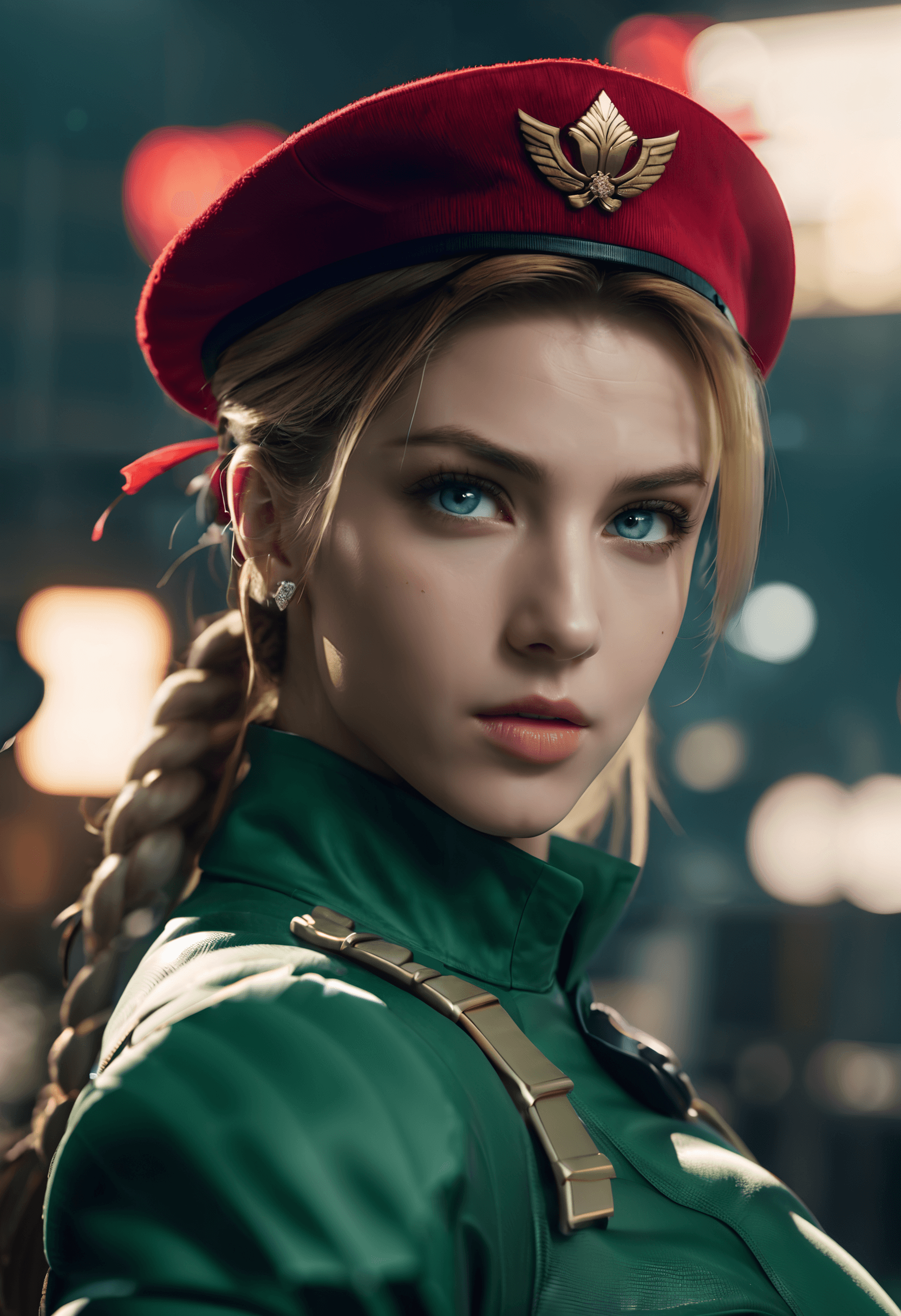 AI generated: cinematic photoof cammy from street fighter . 35mm photograph